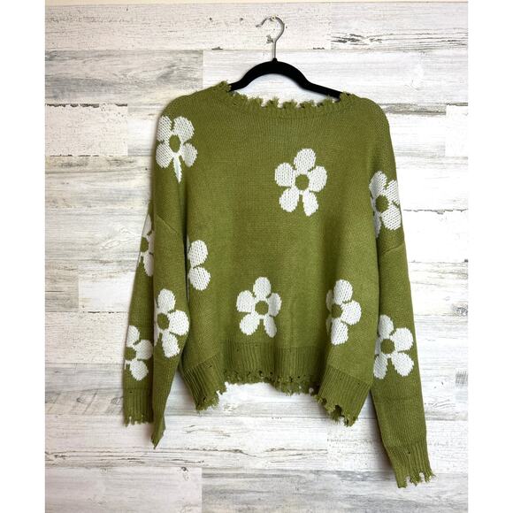 Hayden Women’s M Green White Floral Knit Sweater Long Sleeve Boho Top NEW - Picture 1 of 5